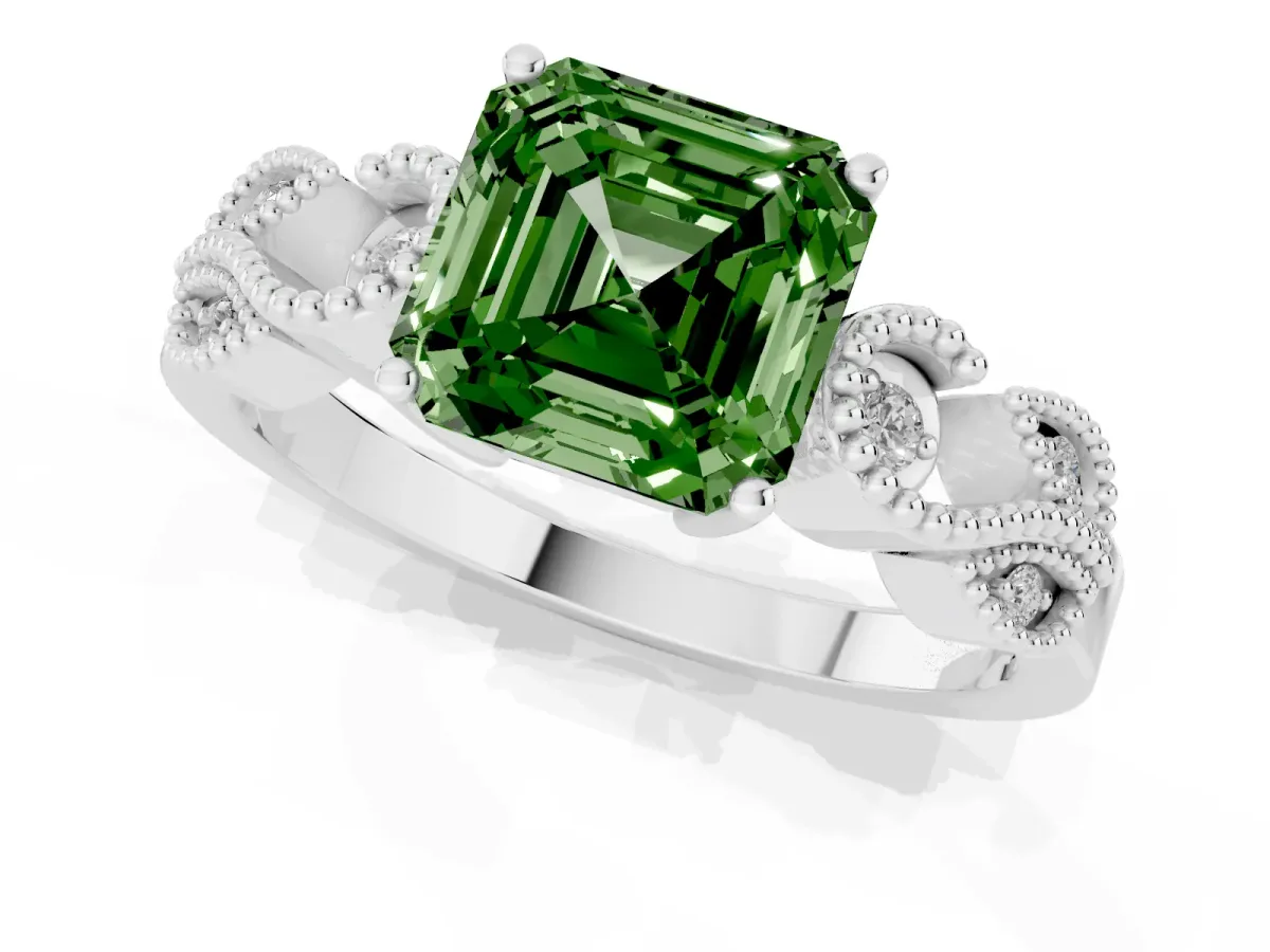 Fancy Green Asscher Cut Solitaire Milgrain Leaf Band with Prong Setting Platinum