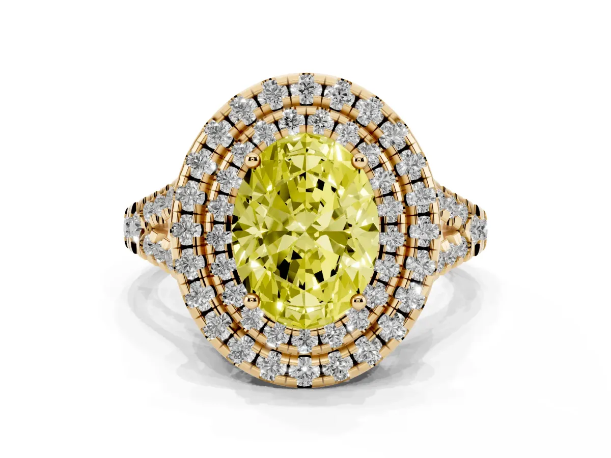 Fancy Yellow Double Halo Oval Cut Diamond Pavé Split Shank Ring with Prong Setting Yellow gold