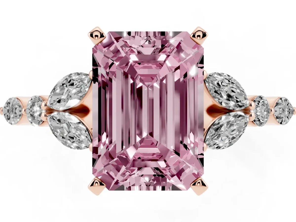 Fancy Pink Emerald Cut Diamond Solitaire Ring with Side Stones and Four-Prong Setting Rose gold