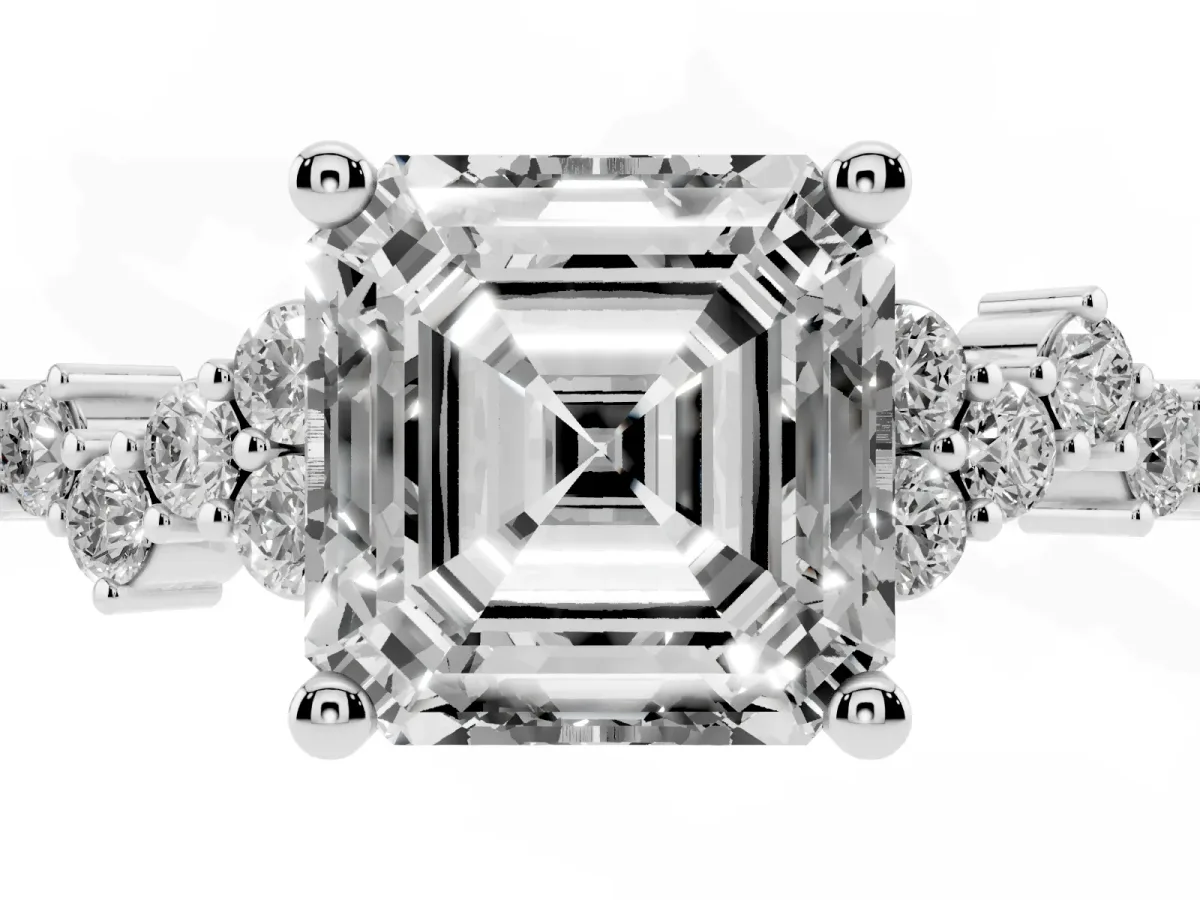 Asscher Cut Diamond Scattered Round Accent Ring with Prong Setting White gold