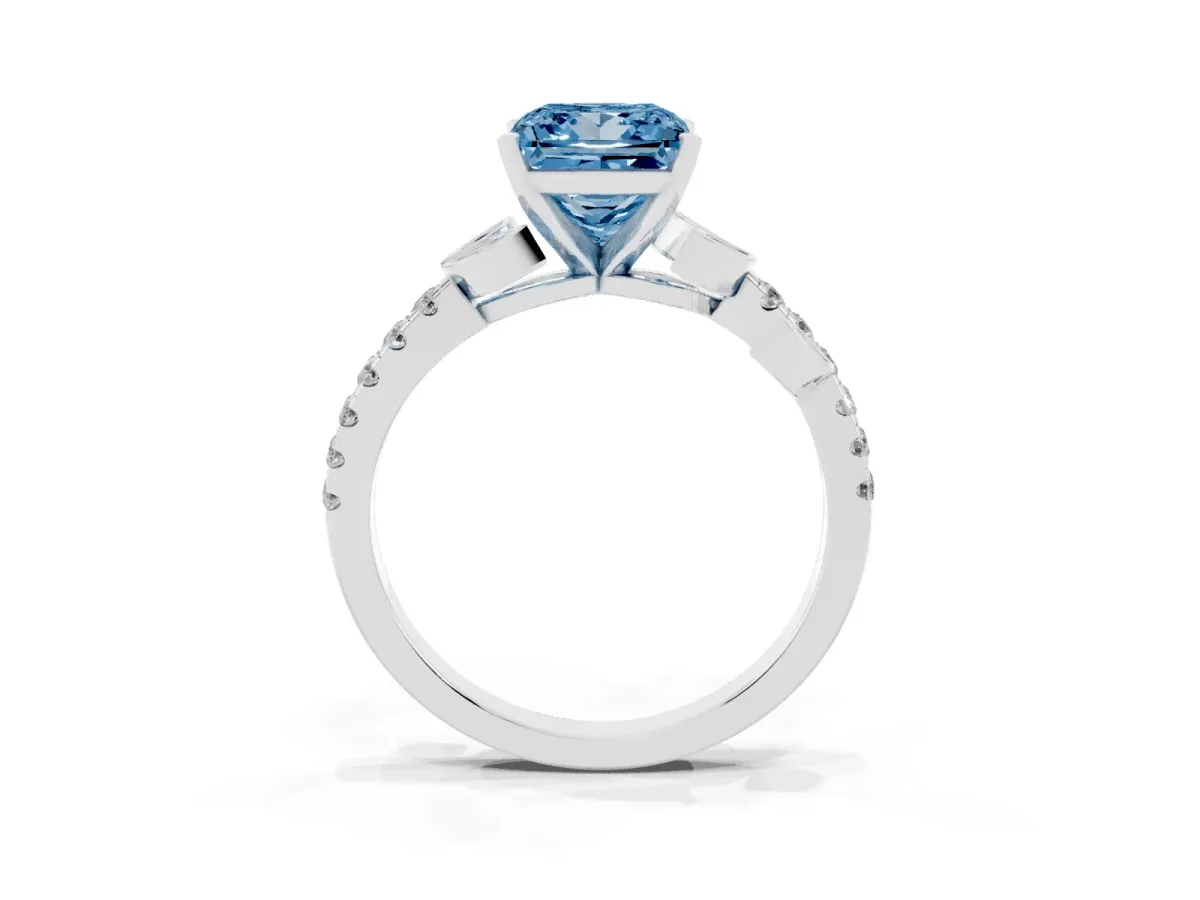 Fancy Blue Princess Cut Solitaire Leaf-Inspired Diamond Ring with Pavé Band and Four-Prong Setting Silver