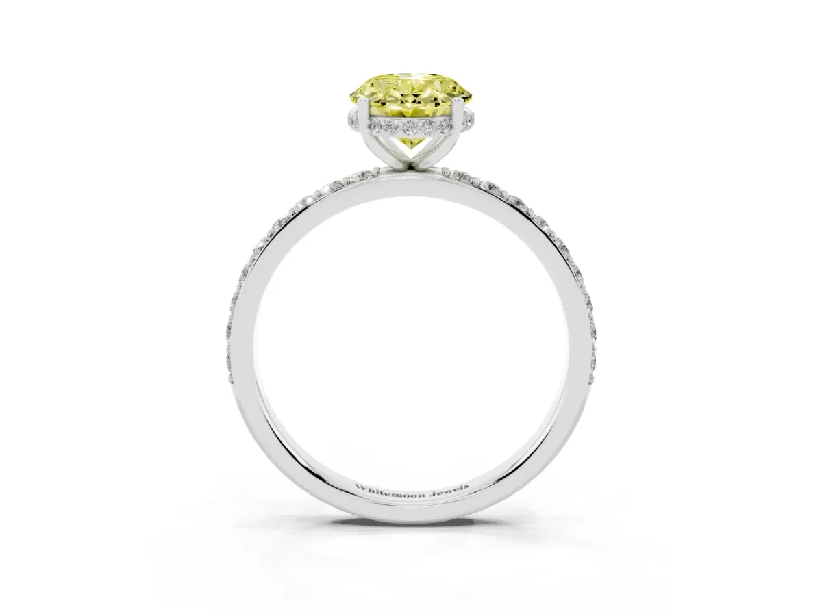 Fancy Yellow Oval Cut Diamond Solitaire Ring with Pavé Band and Hidden Halo Silver