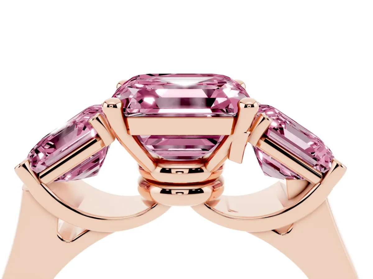 Fancy Pink Three-Stone Asscher Cut Brilliant Diamond Trellis Ring with Comfort Fit Band Rose gold
