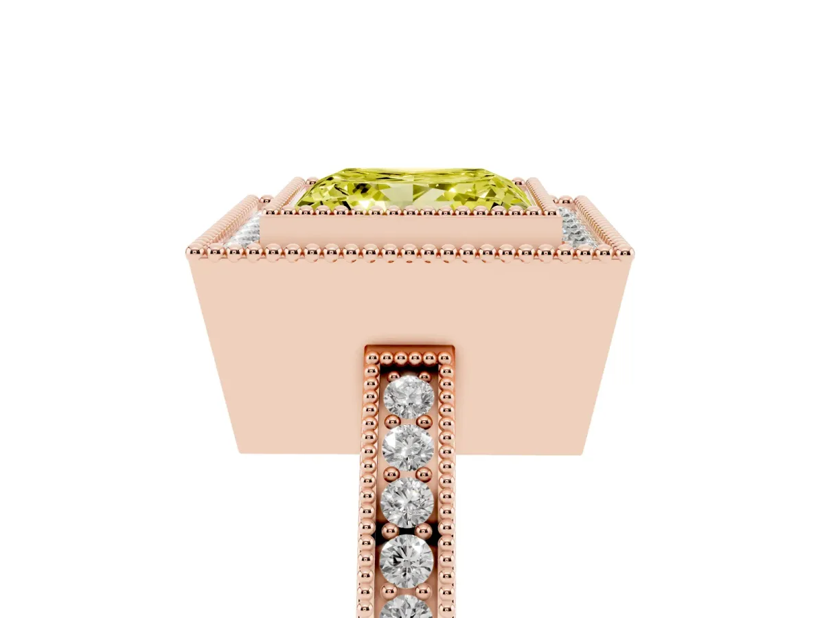 Fancy Yellow Princess Cut Cut Halo Diamond Ring with Pavé Band and Milgrain Prong Setting Rose gold