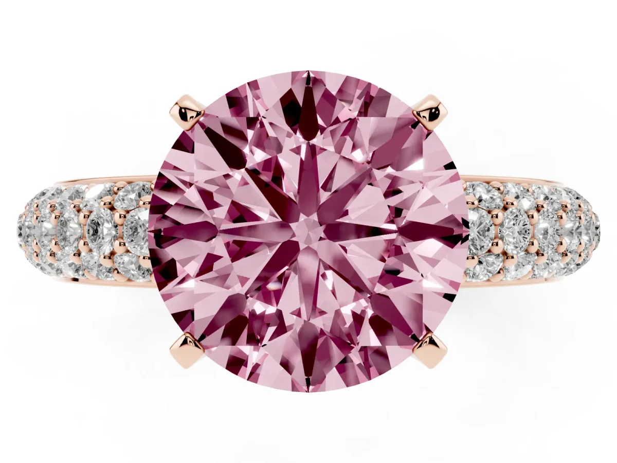 Fancy Pink Round Cut Diamond Solitaire Ring with Prong Setting and Pavé Band Rose gold