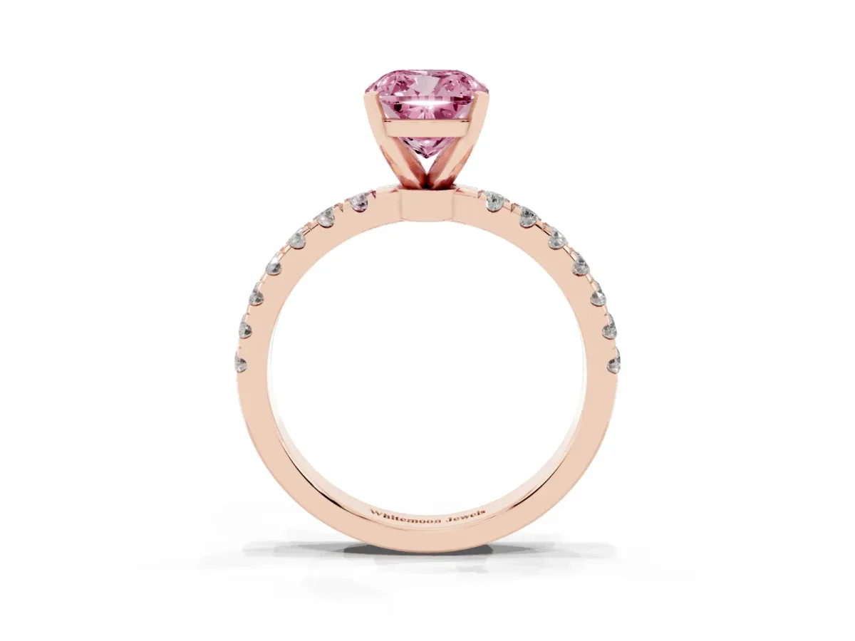 Fancy Pink Cushion Cut Diamond Solitaire Ring with Pavé Accents and Four-Prong Setting Rose gold
