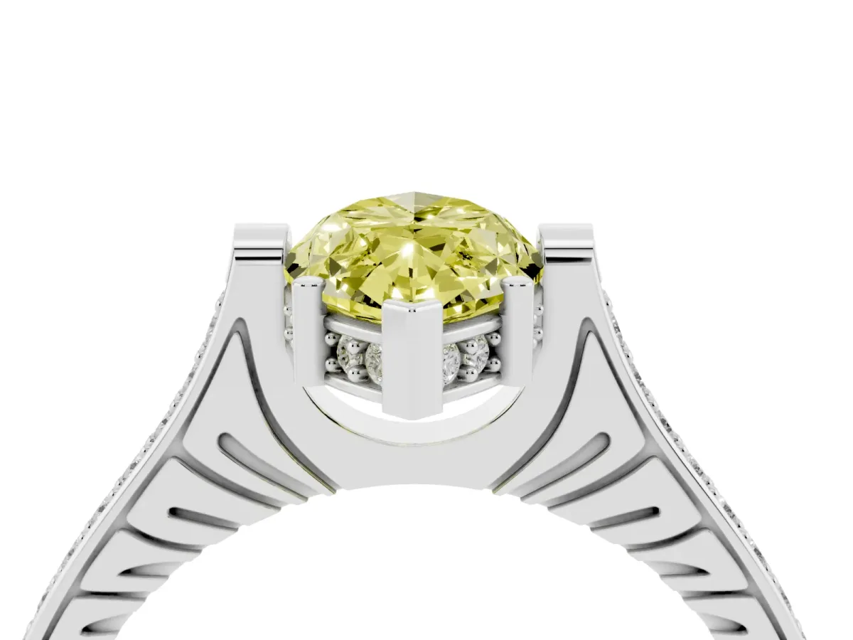 Fancy Yellow Marquise Cut Solitaire Diamond Ring with Channel Set Band and Bezel Prong Setting Platinum