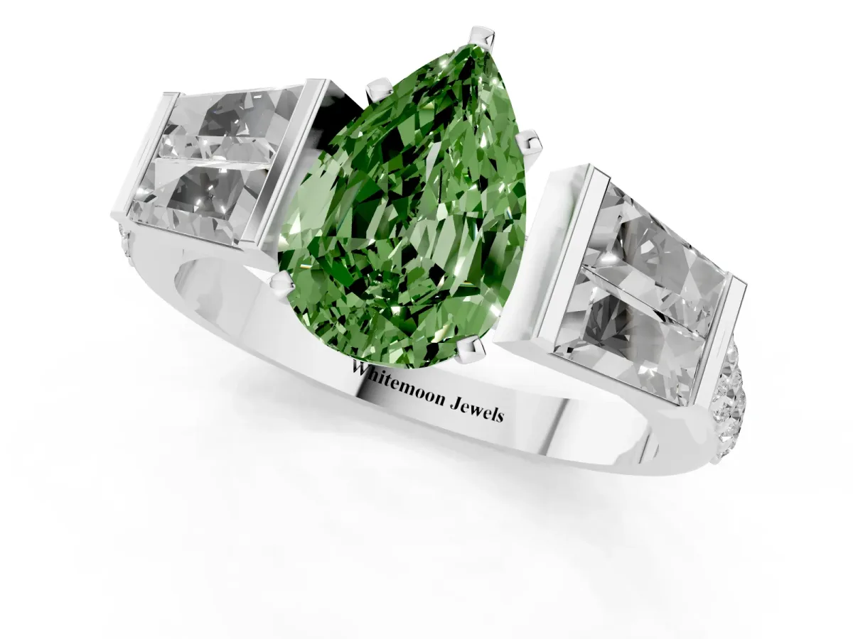 Fancy Green Pear Cut Diamond Engagement Ring with Baguette Side Stones and Channel Set Band Silver