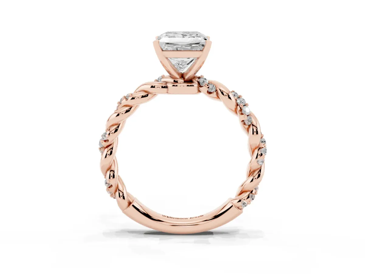 Princess Cut Diamond Solitaire Ring with Twisted Band and Pavé Accents Rose gold