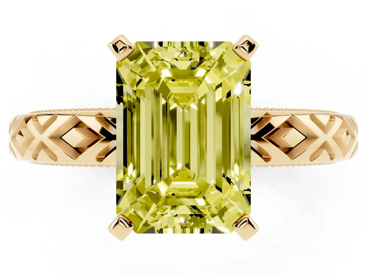 Fancy Yellow Emerald Cut Solitaire Diamond Ring with Milgrain and Black Enamel X Pattern Band Yellow gold
