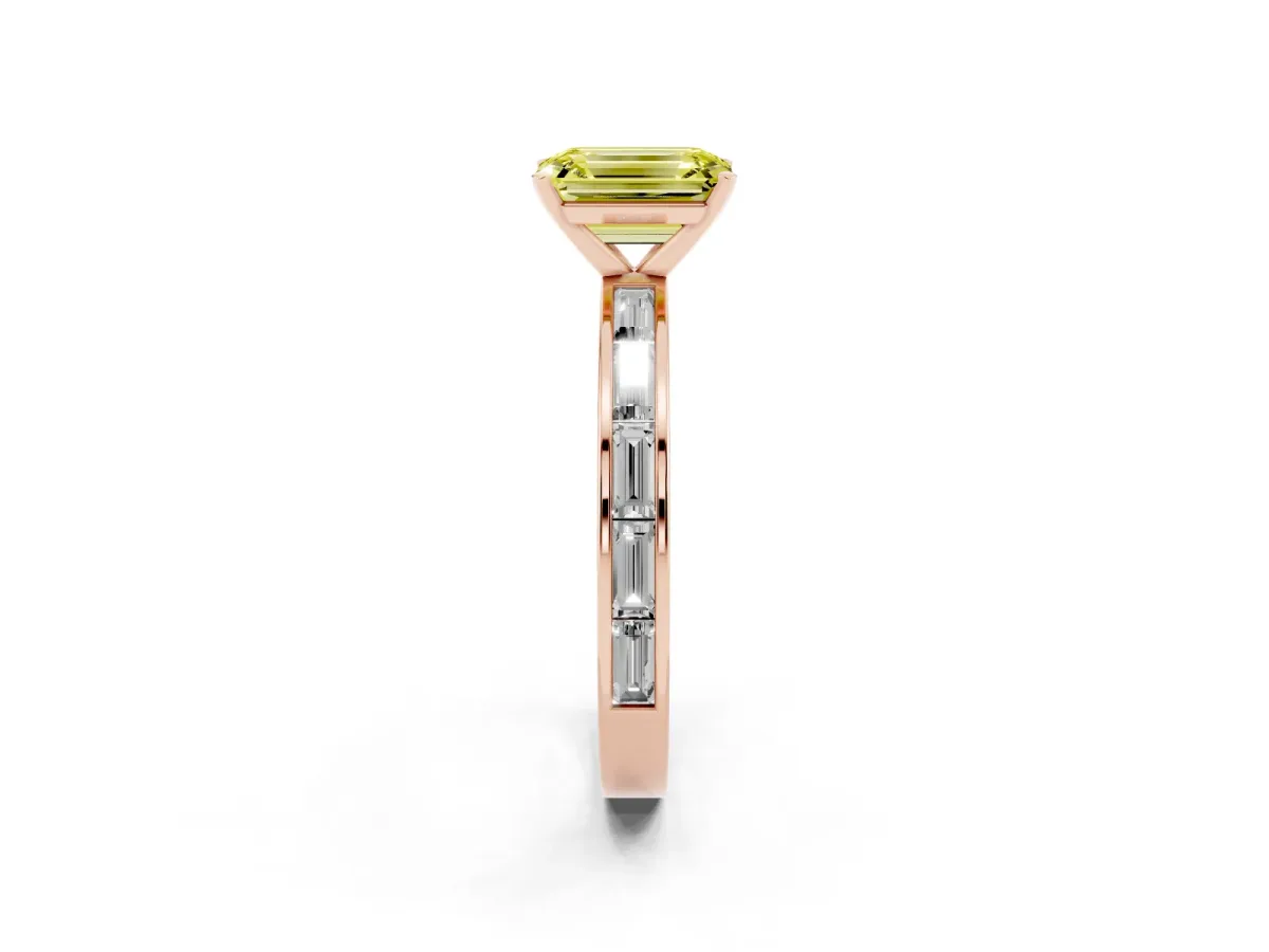 Fancy Yellow Emerald Cut Solitaire Diamond Ring with Channel-Set Baguette Band and Four-Prong Setting Rose gold