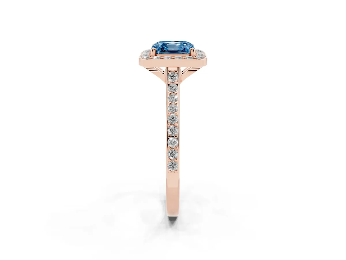 Fancy Blue Asscher Cut Diamond Halo Engagement Ring with Round Pavé Shoulders and Prong Setting Rose gold