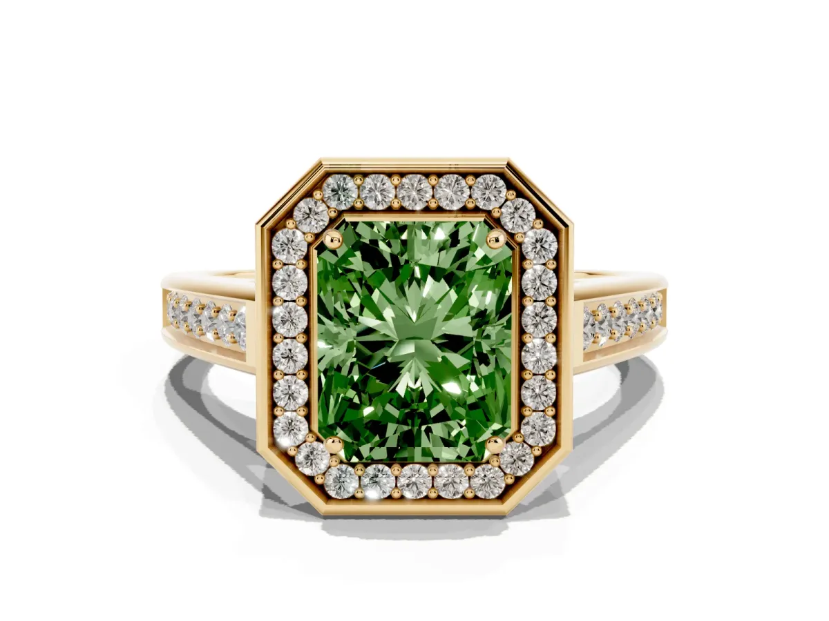 Fancy Green Radiant Cut Halo Solitaire Diamond Ring with Pave Band and Bezel Setting Yellow gold