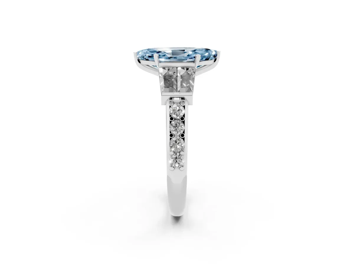 Fancy Blue Marquise Cut Diamond Engagement Ring with Baguette Side Stones and Channel Set Band Platinum