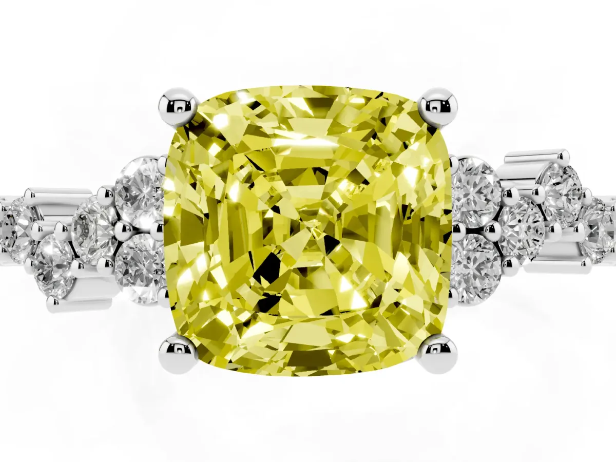 Fancy Yellow Cushion Cut Diamond Scattered Round Accent Ring with Prong Setting White gold