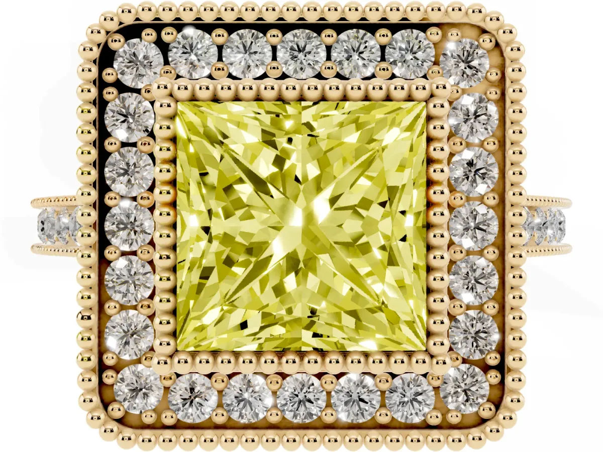 Fancy Yellow Princess Cut Diamond Halo Ring with Milgrain Frame and Pavé Band Yellow gold