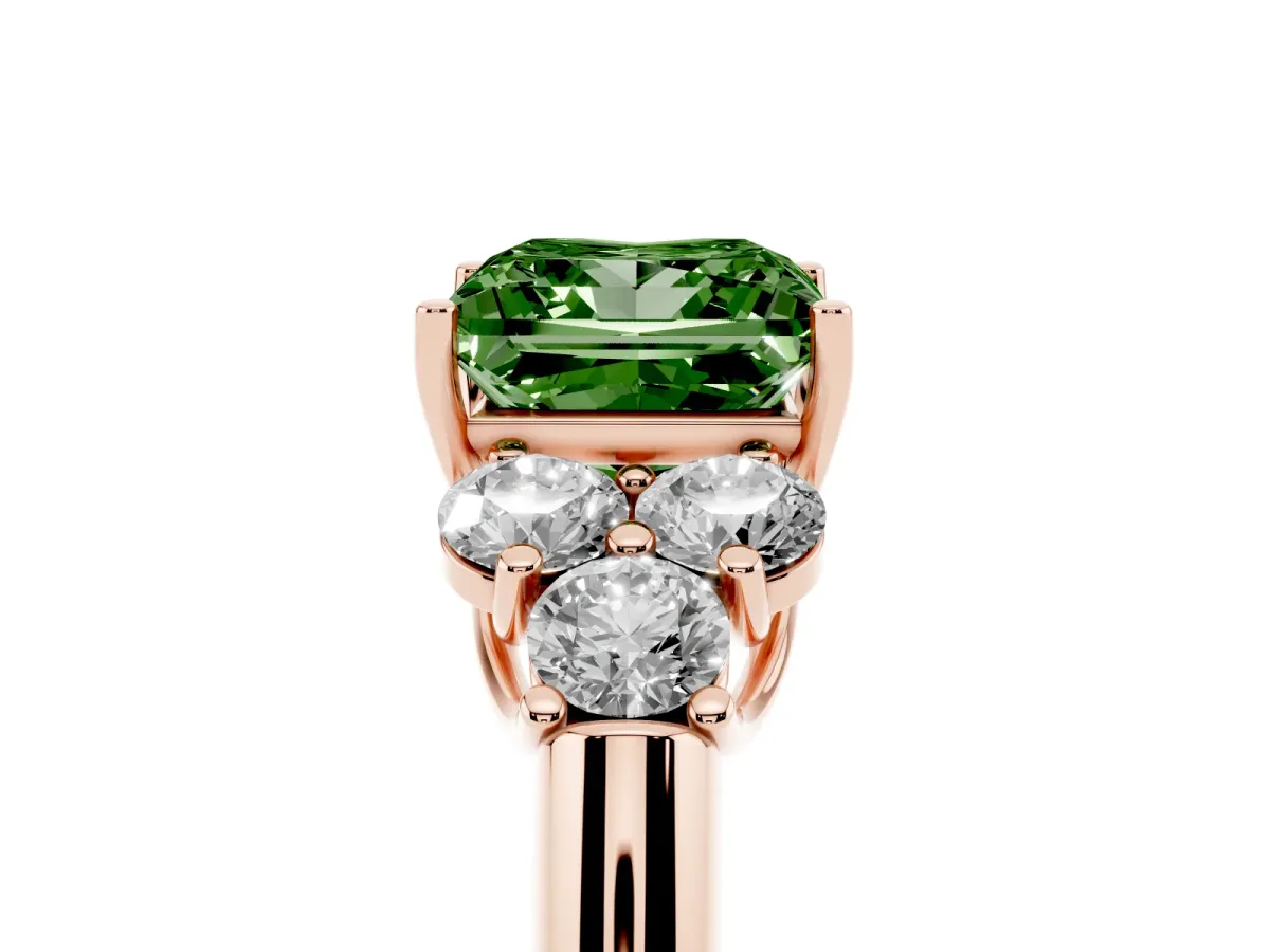 Fancy Green Princess Cut Cut Diamond Cluster Ring with Round Accent Stones and Prong Setting on a Classic Band Rose gold