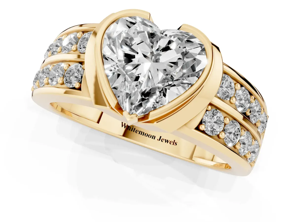 Heart Cut Brilliant Diamond Channel Set Wide Band Ring with Bezel Setting Yellow gold