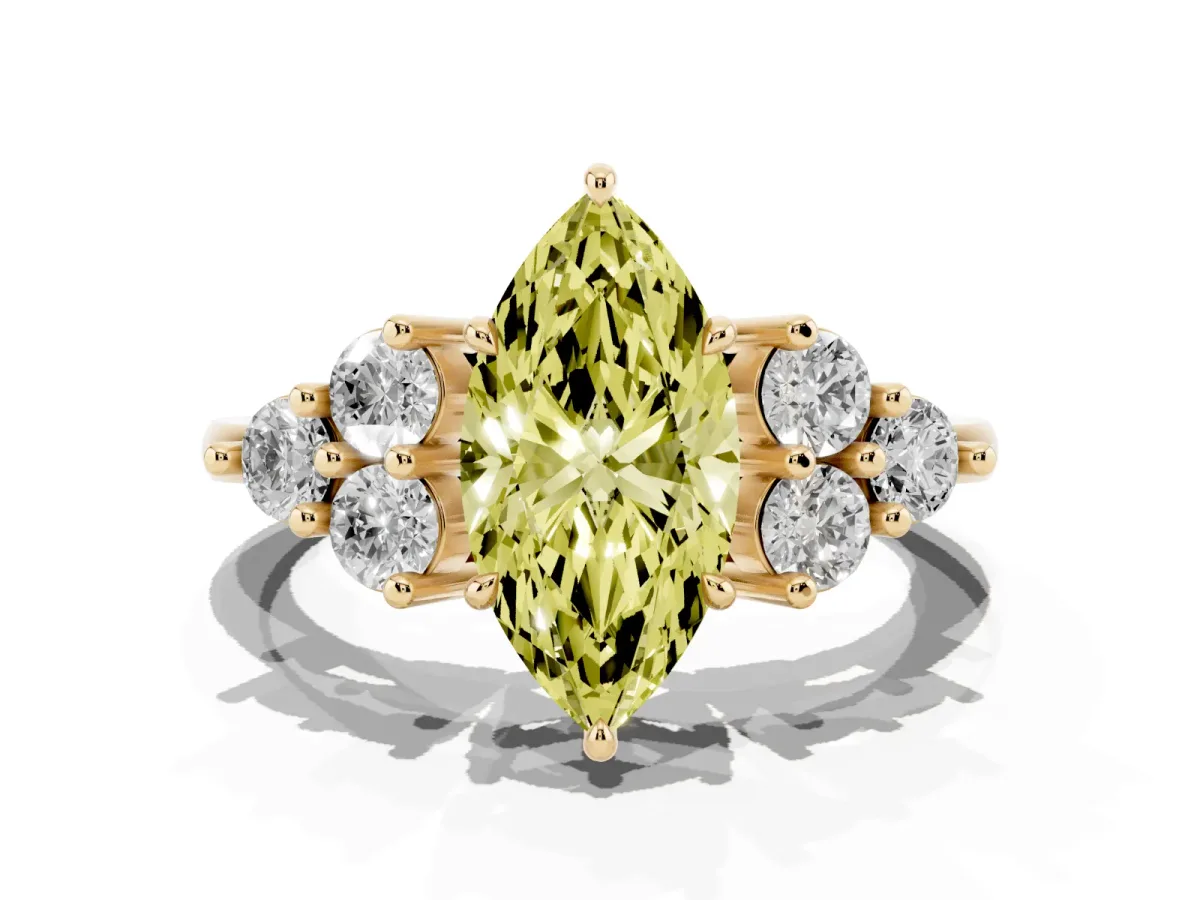 Fancy Yellow Marquise Cut Brilliant Diamond Cluster Accent Solitaire Ring with Prong Setting Yellow gold