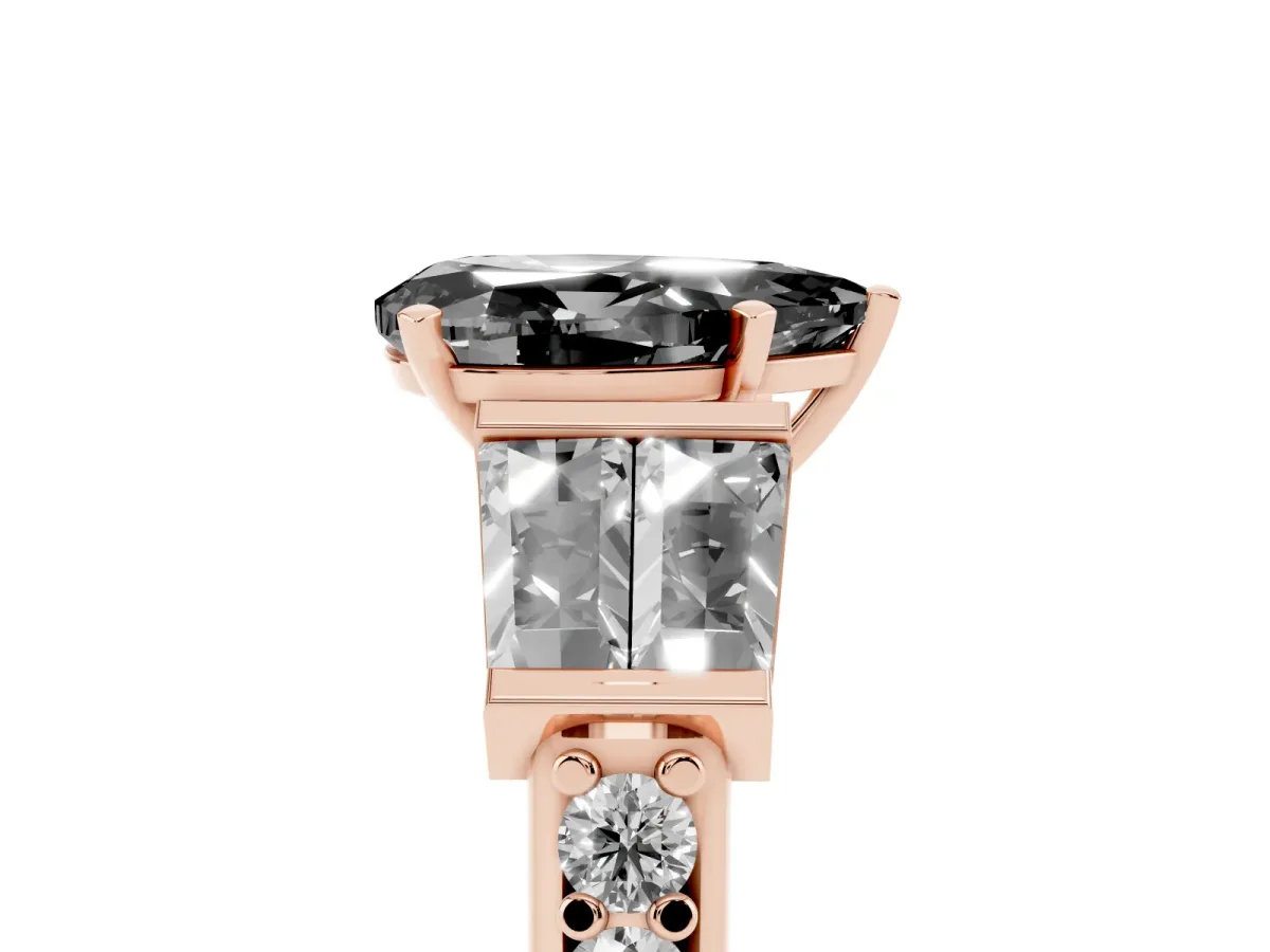 Fancy Black Pear Cut Diamond Engagement Ring with Baguette Side Stones and Channel Set Band Rose gold