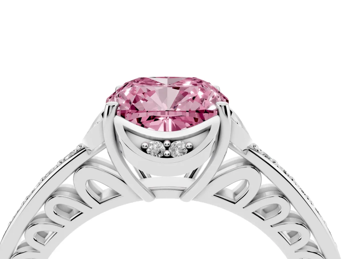 Fancy Pink Cushion Cut Cut Halo Diamond Ring with Channel Set Band and Four-Prong Setting Platinum