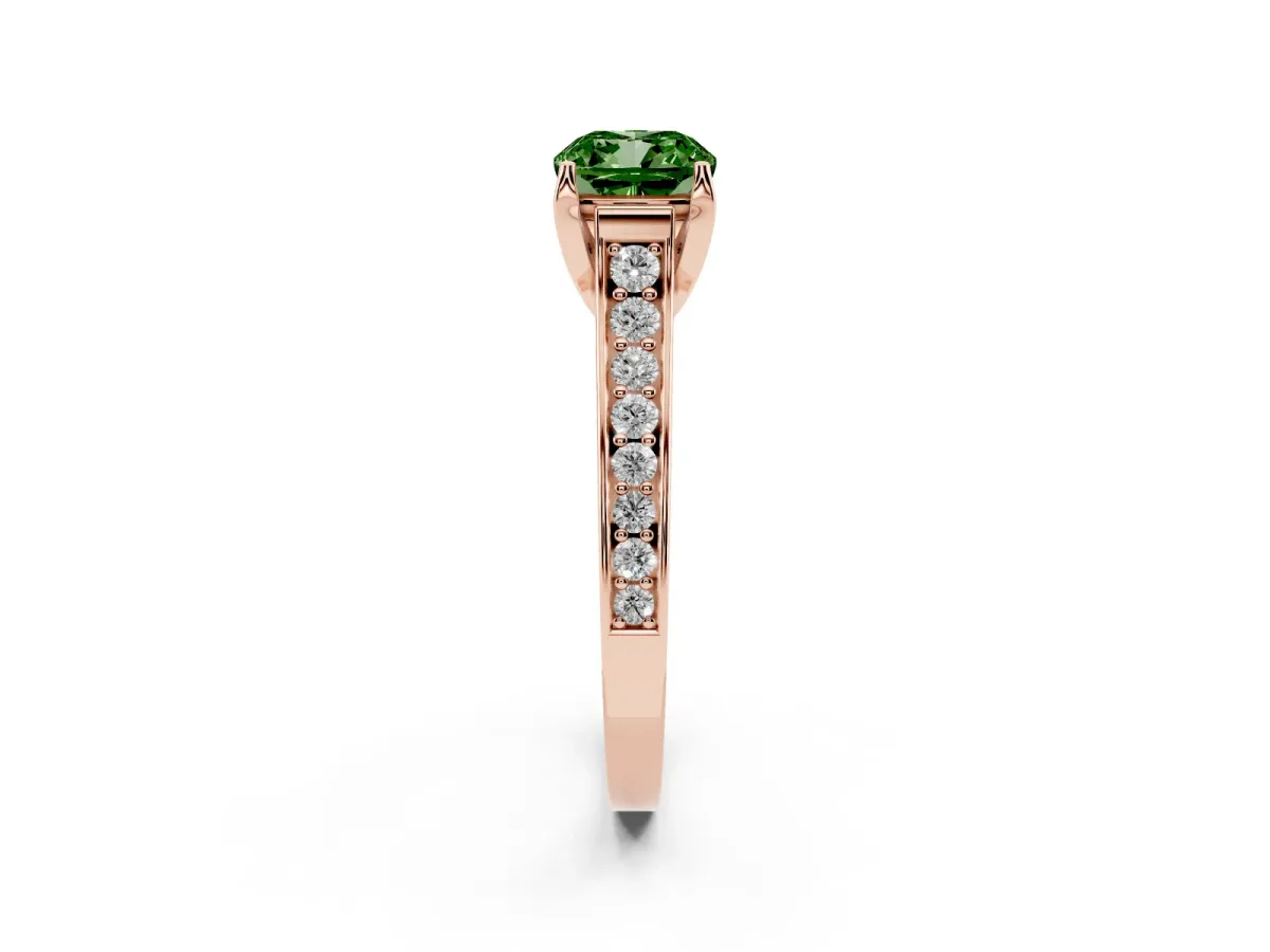 Fancy Green Cushion Cut Brilliant Cut Diamond Engagement Ring with Pavé Band and Four-Prong Setting Rose gold