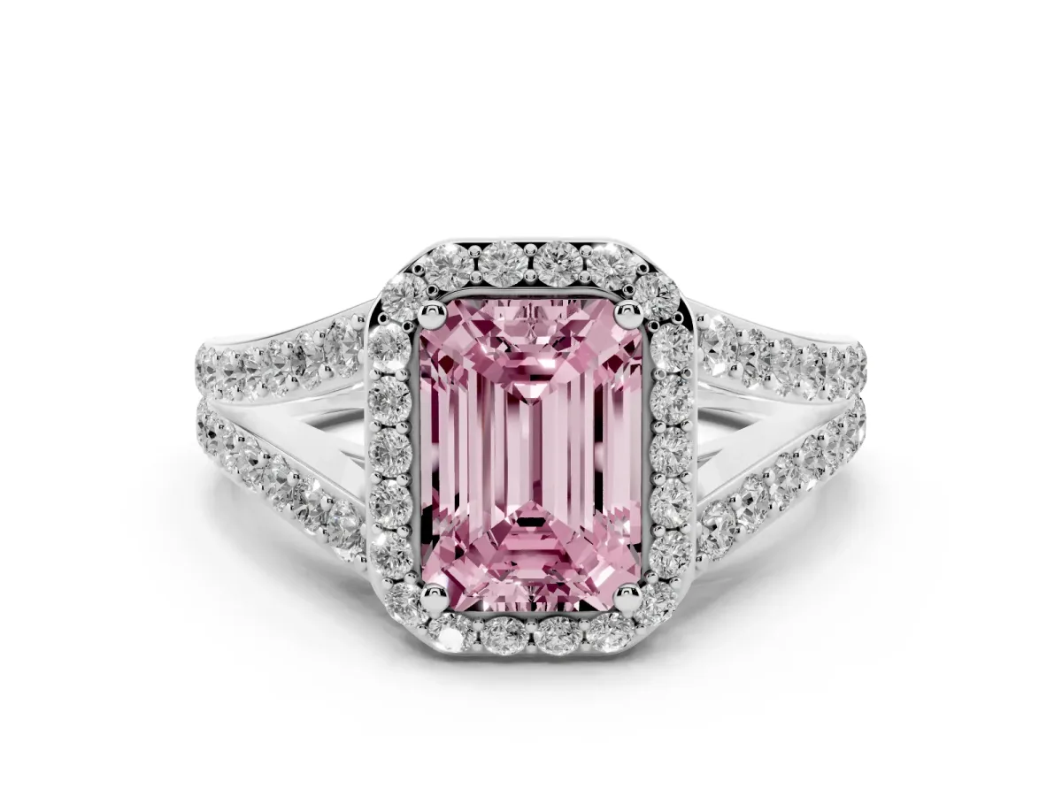 Fancy Pink Emerald Cut Diamond Split Shank Halo Ring with Four-Prong Setting Silver