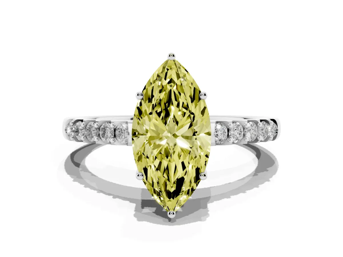 Fancy Yellow Marquise Cut Solitaire Diamond Engagement Ring with Pavé Band and Six-Prong Setting White gold