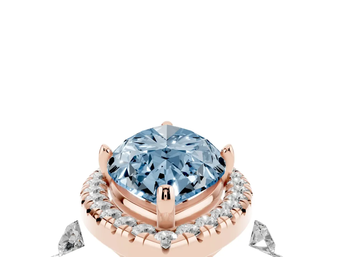 Fancy Blue Marquise Cut Halo Pavé Diamond Engagement Ring with Four-Prong Setting Rose gold