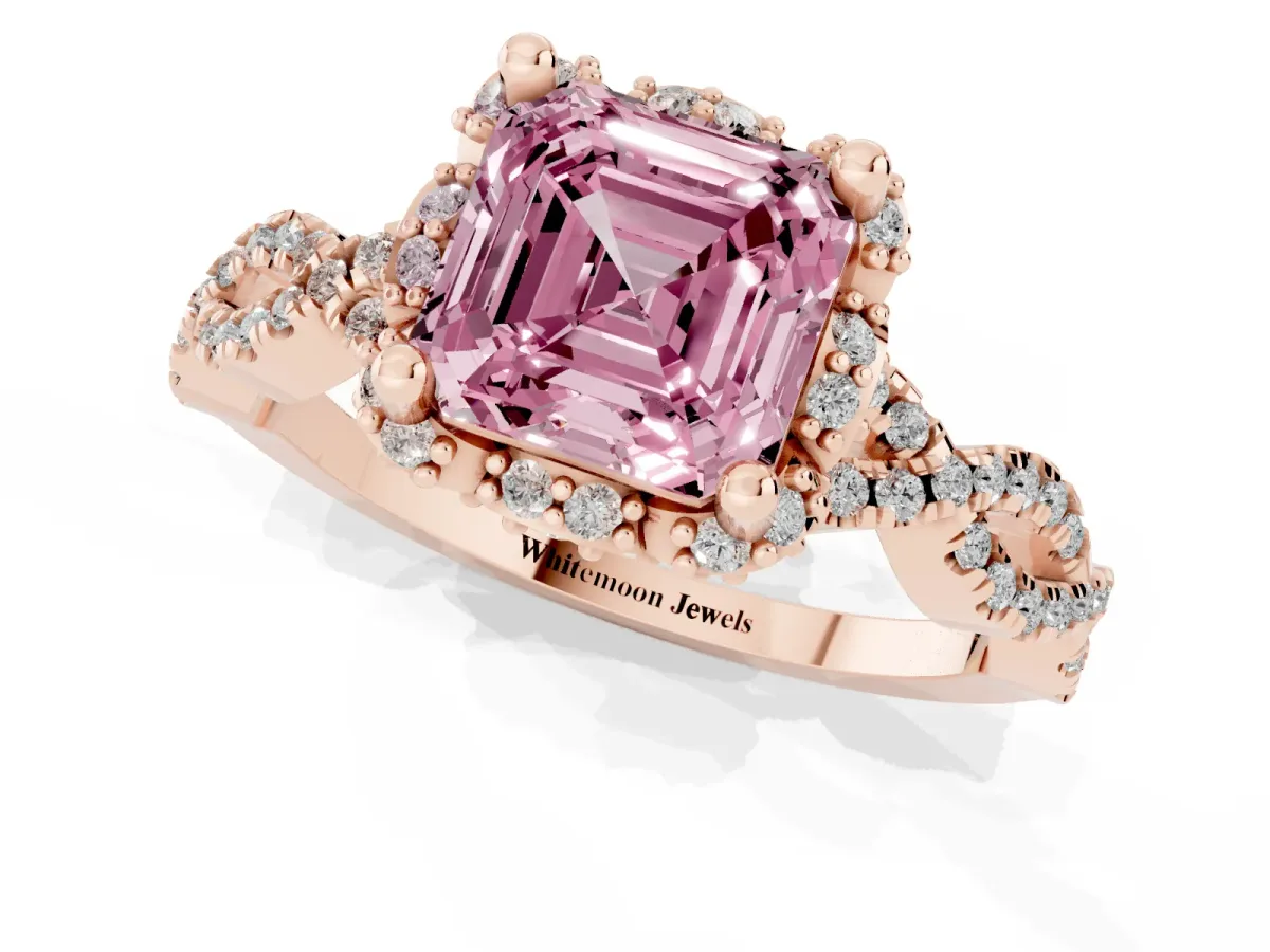 Fancy Pink Asscher Cut Halo Twist Band Solitaire Ring with Six-Prong Setting Rose gold