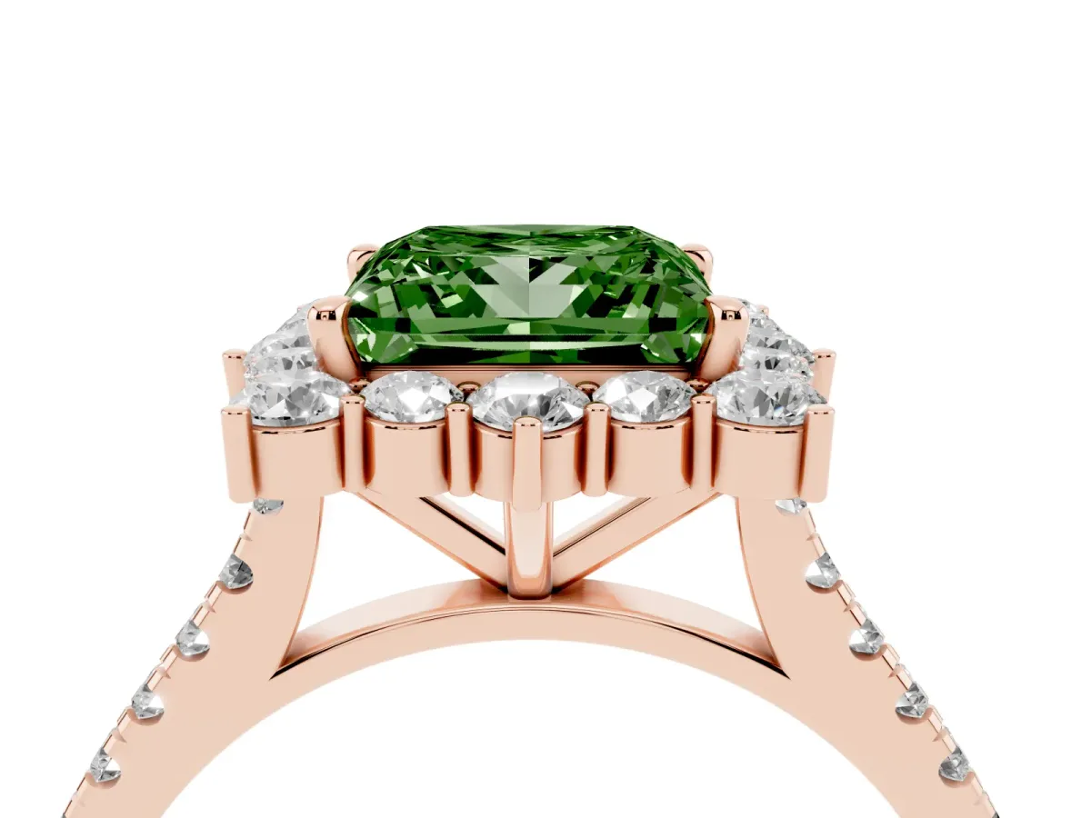 Fancy Green Princess Cut Halo Diamond Ring with Pavé Band and Prong Setting Rose gold