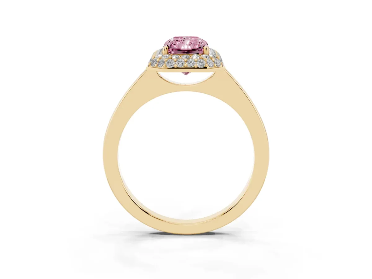 Fancy Pink Radiant Cut Halo Diamond Engagement Ring with Solitaire Band and Four-Prong Setting Yellow gold