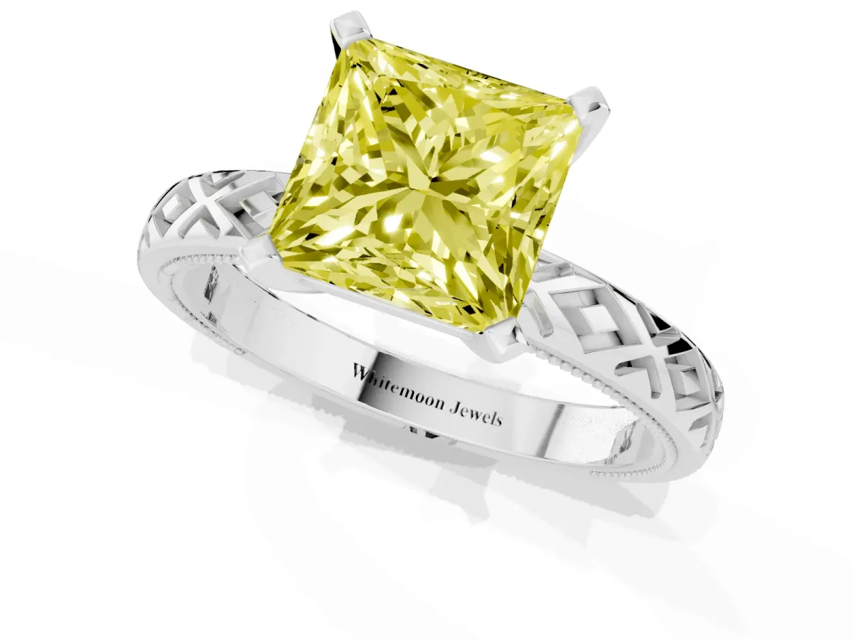 Fancy Yellow Princess Cut Solitaire Diamond Ring with Milgrain and Black Enamel X Pattern Band Silver