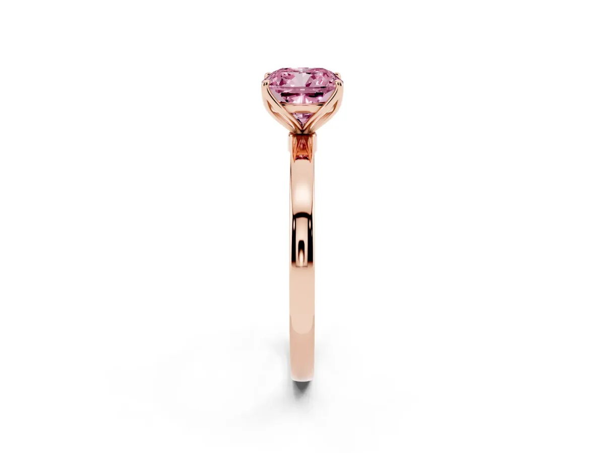 Fancy Pink Cushion Cut Diamond Solitaire Ring with Thin Band and Prong Setting Rose gold