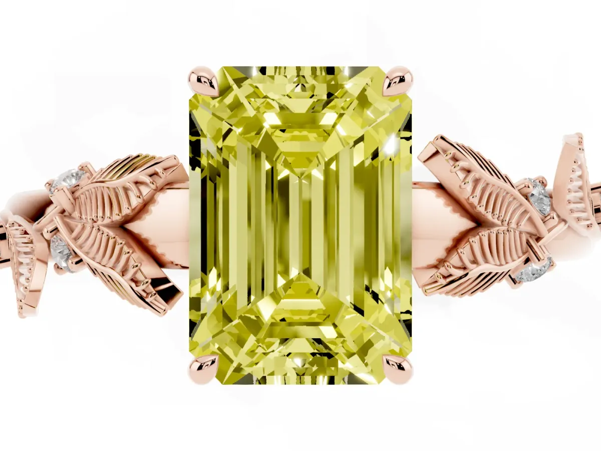 Fancy Yellow Emerald Cut Diamond Solitaire Ring with Leaf Motif Band and Four-Prong Setting Rose gold