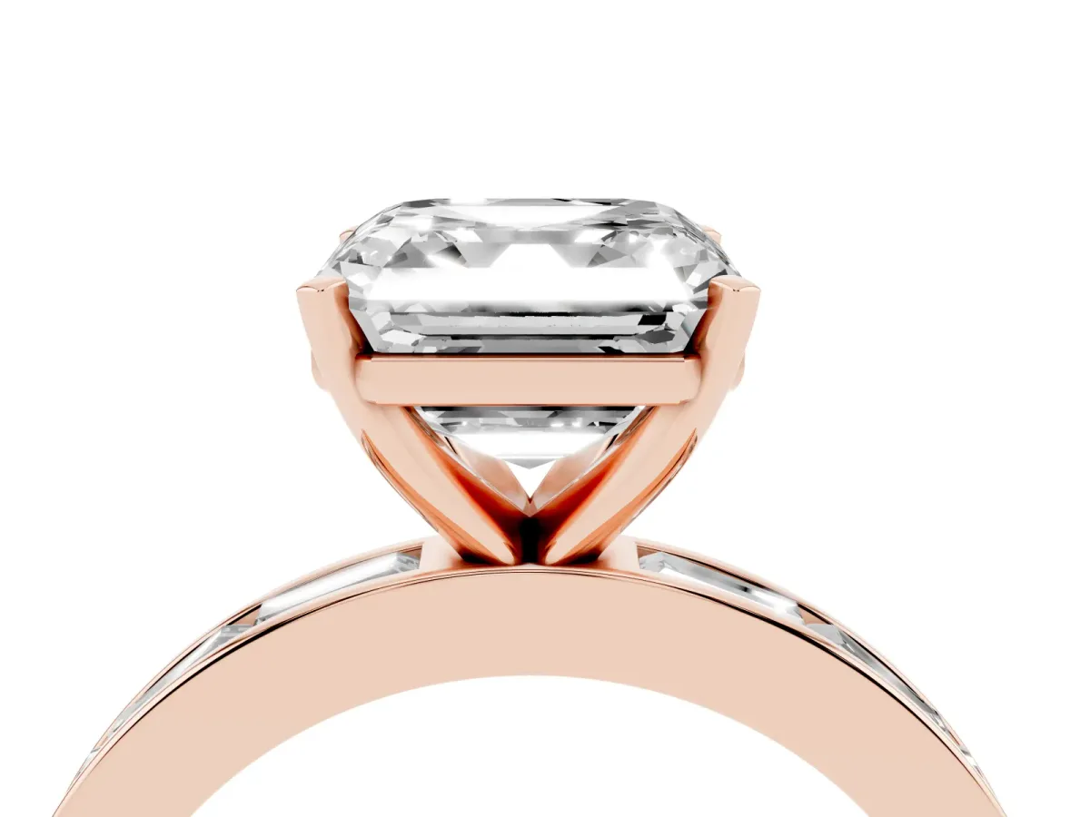 Asscher Cut Solitaire Diamond Ring with Channel-Set Baguette Band and Four-Prong Setting Rose gold