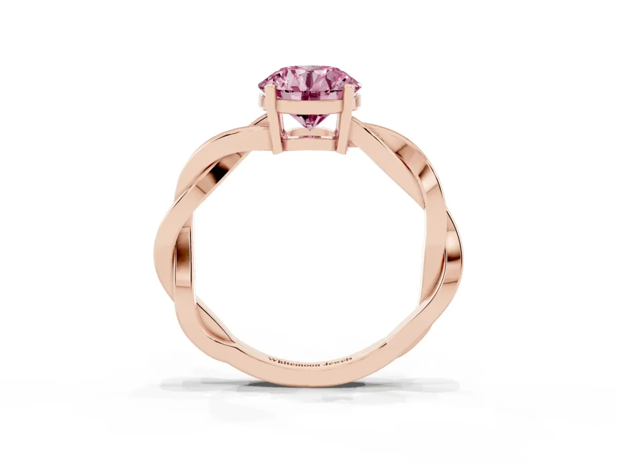 Fancy Pink Round Cut Solitaire Twisted Pave Diamond Ring with Four-Prong Setting Rose gold