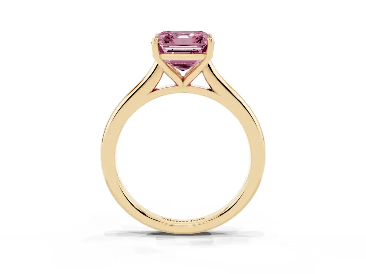 Fancy Pink Asscher Cut Cut Solitaire Ring with Cathedral Band and Four-Prong Setting Yellow gold