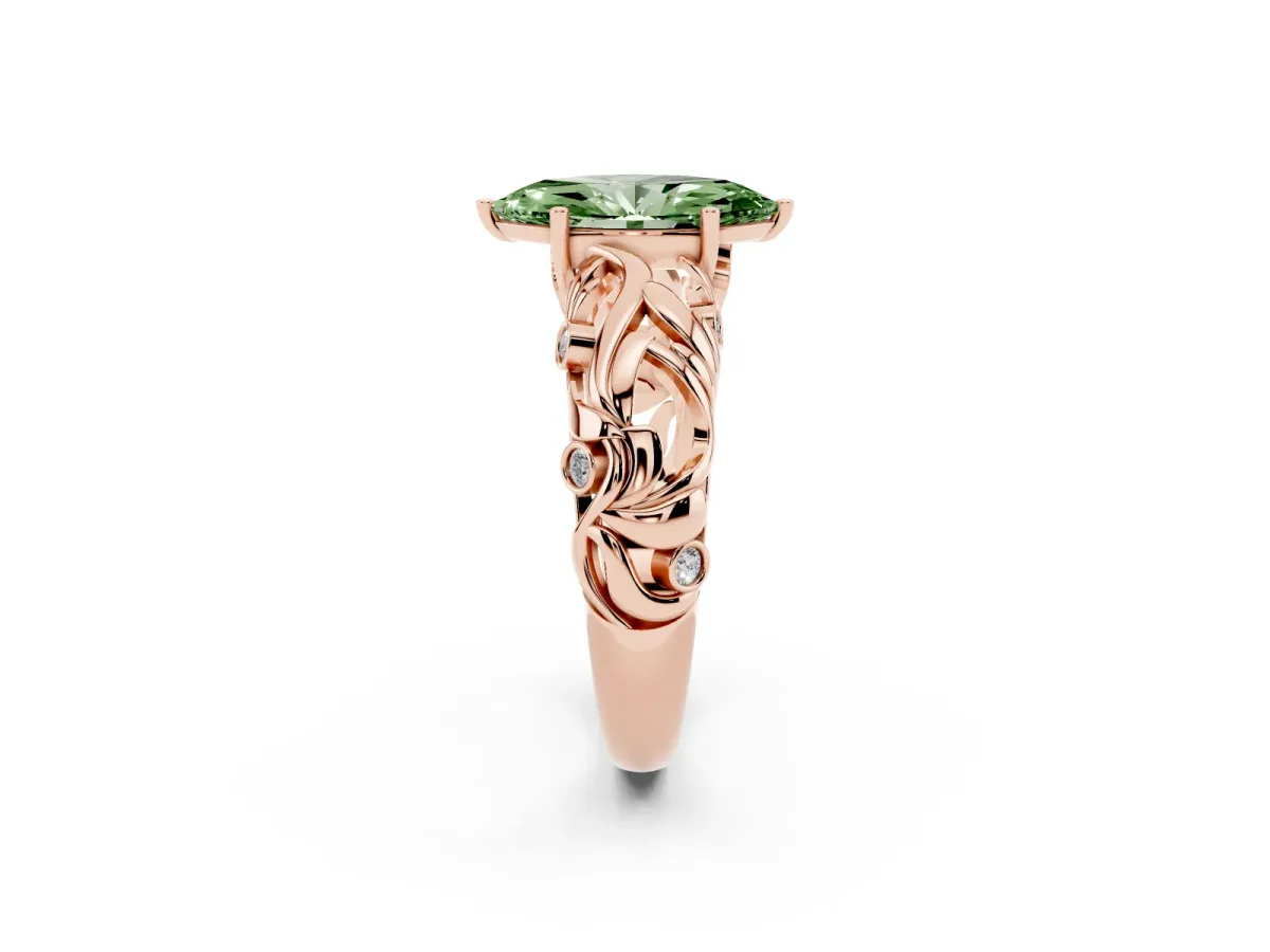 Fancy Green Marquise Cut Solitaire Diamond Leaf-Inspired Vine Band Ring with Prong Setting Rose gold