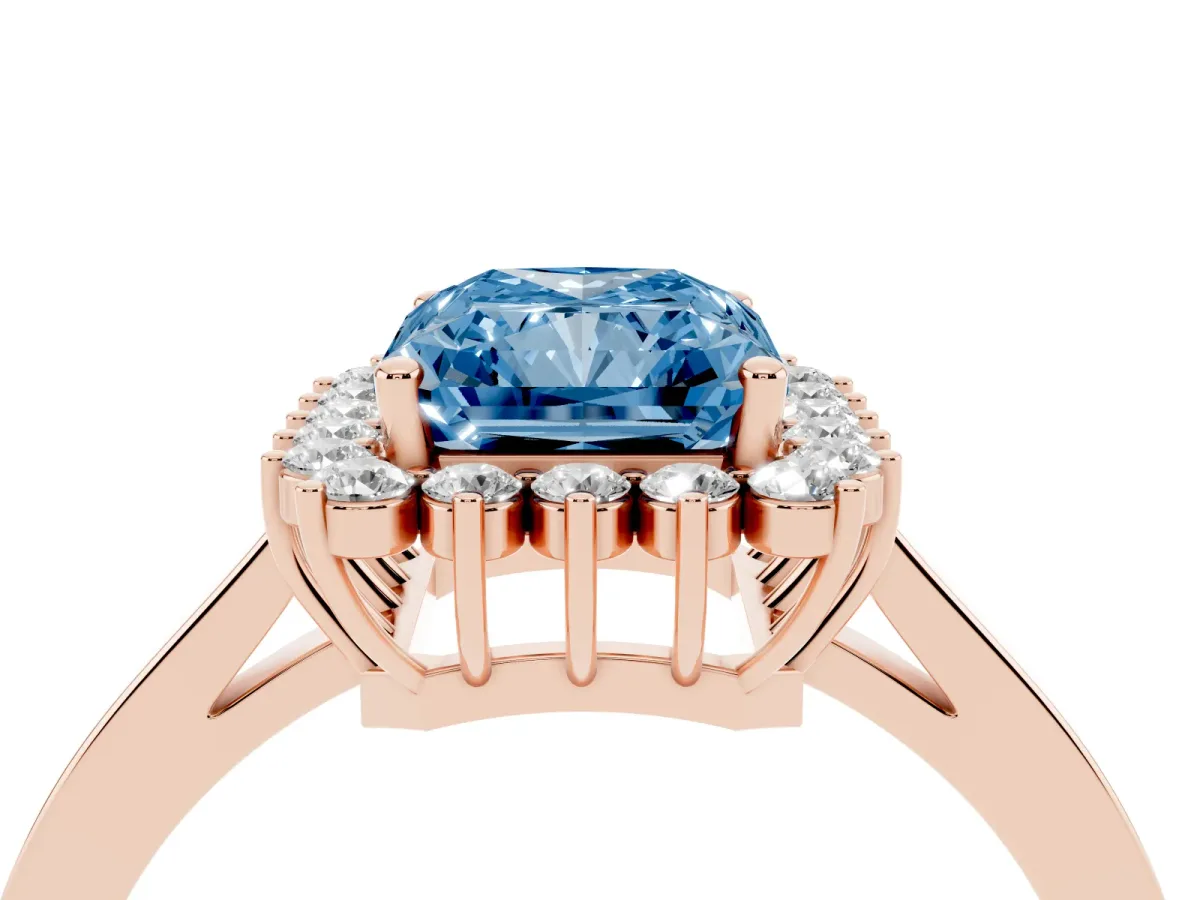 Fancy Blue Radiant Cut Cut Diamond Halo Ring with Round Brilliant Halo and Solitaire Band Rose gold