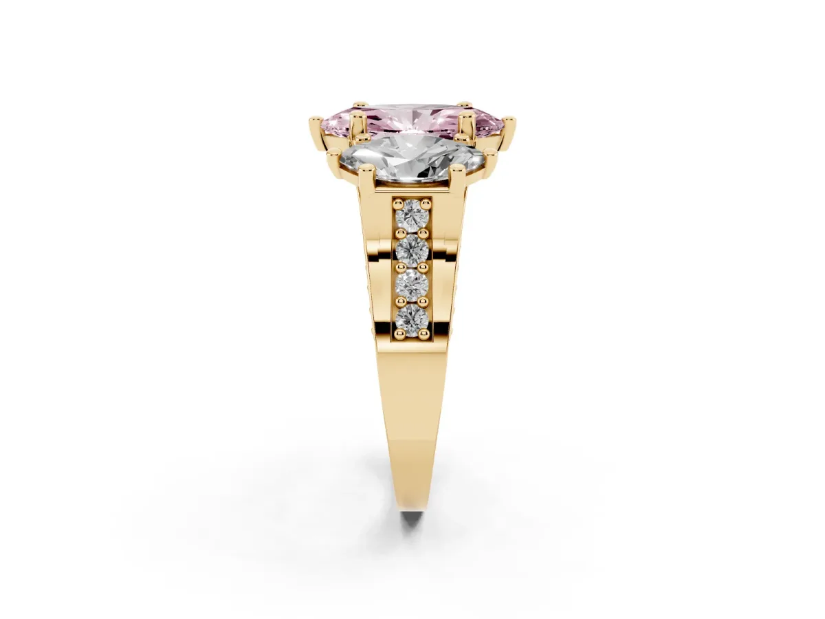 Fancy Pink Marquise Cut Diamond Three-Stone Ring with Channel Set Band and Four-Prong Setting Yellow gold