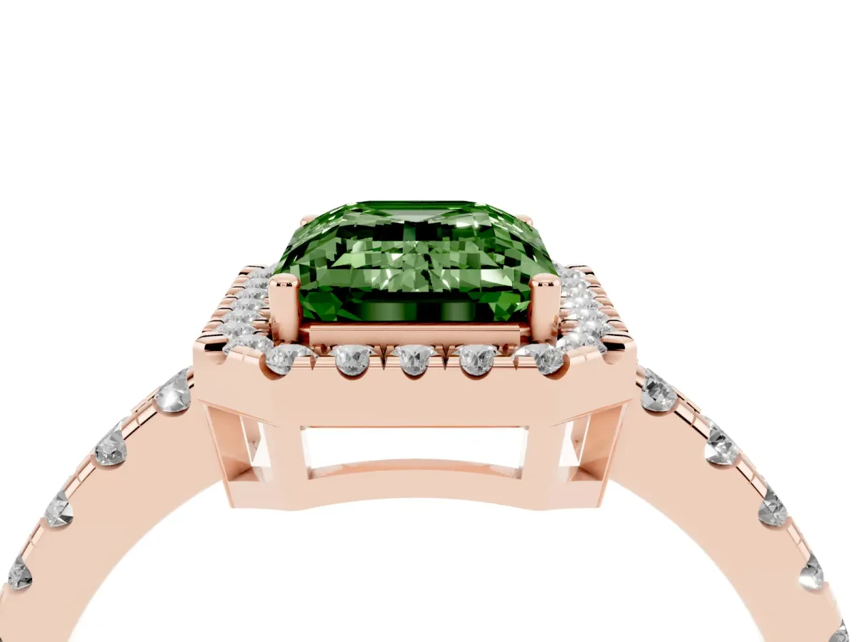 Fancy Green Emerald Cut Diamond Halo Ring with Pavé Band and Four-Prong Setting Rose gold