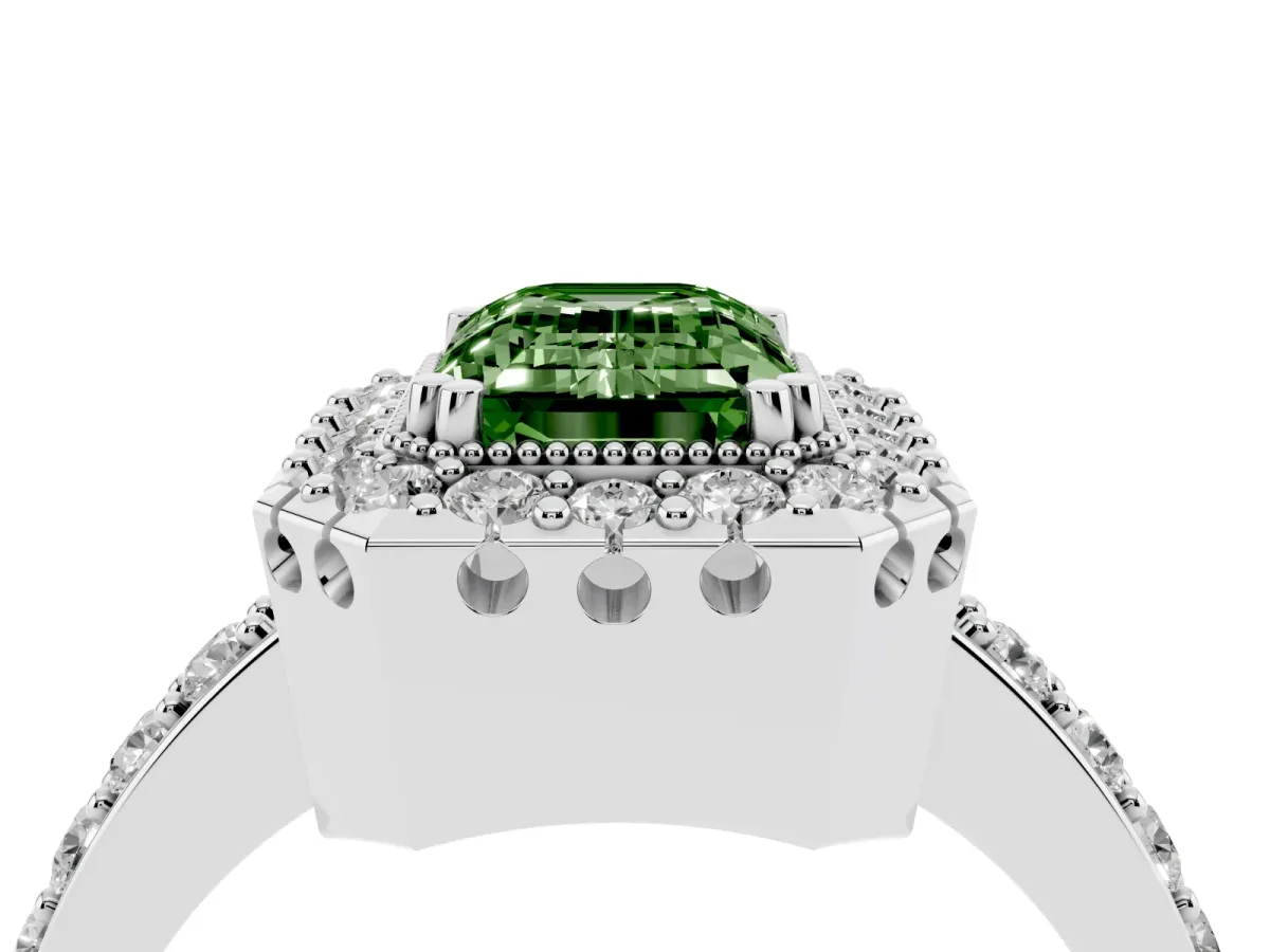 Fancy Green Emerald Cut Diamond Halo Ring with Pavé Band and Prong Setting Silver