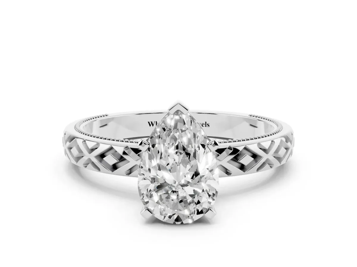 Pear Cut Solitaire Diamond Ring with Milgrain and Black Enamel X Pattern Band Silver
