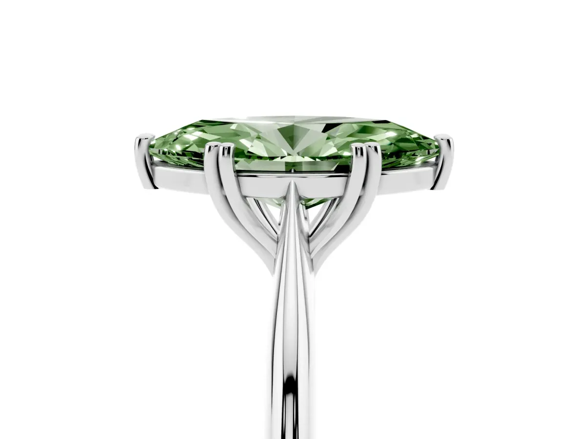 Fancy Green Marquise Cut Solitaire Diamond Ring with Six-Prong Setting and Classic Band Silver
