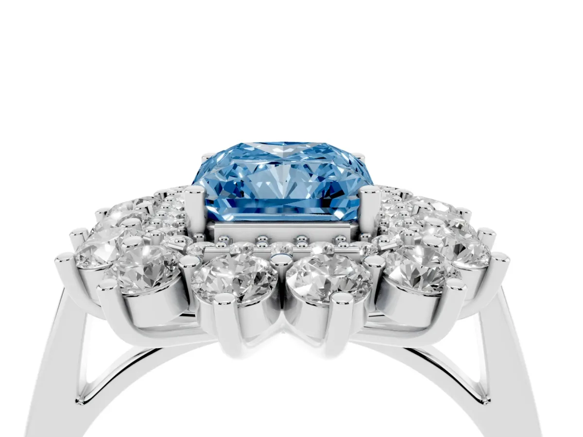 Fancy Blue Radiant Cut Diamond Floral Double Halo Engagement Ring with Prong Setting Platinum