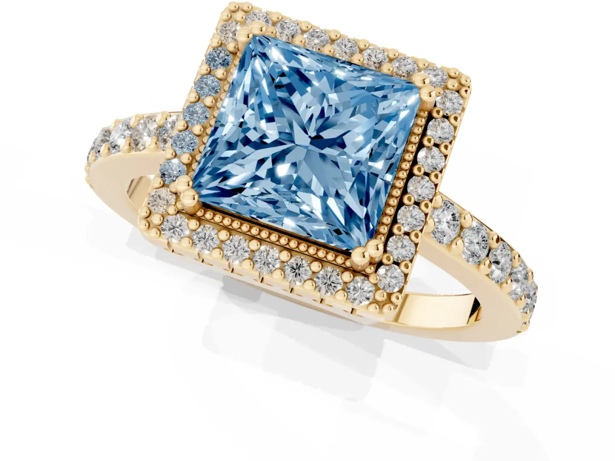 Fancy Blue Princess Cut Cut Diamond Halo Engagement Ring with Milgrain Detail and Pavé Band Yellow gold