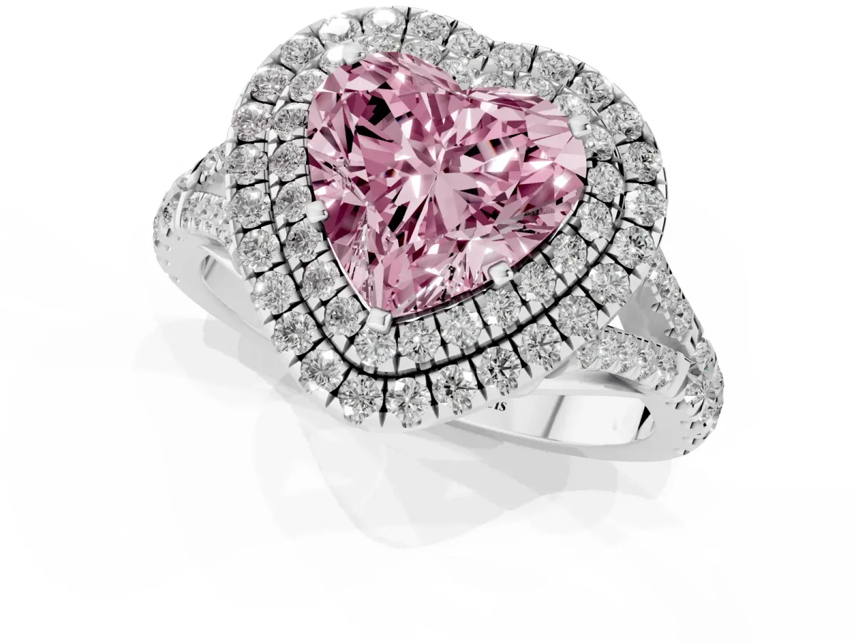 Fancy Pink Heart Cut Cut Double Halo Split Shank Diamond Ring with Prong Setting Platinum