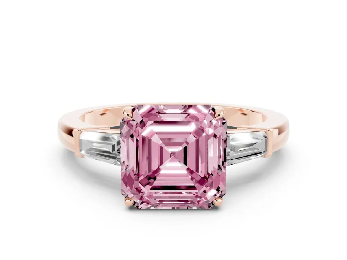 Fancy Pink Asscher Cut Diamond Three-Stone Ring with Tapered Baguette Side Stones and Prong Setting Rose gold