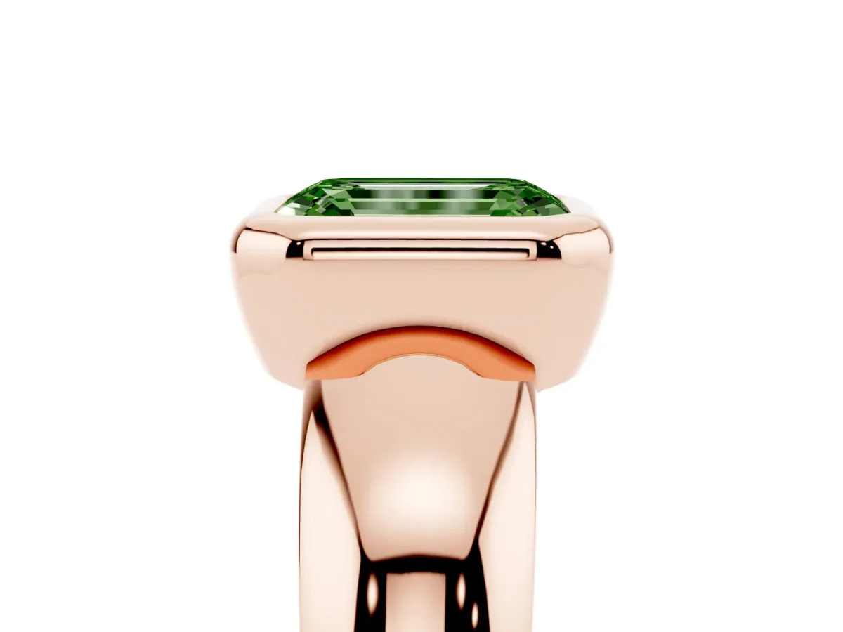 Fancy Green Bezel Set Emerald Cut Solitaire Ring with Wide Band Rose gold
